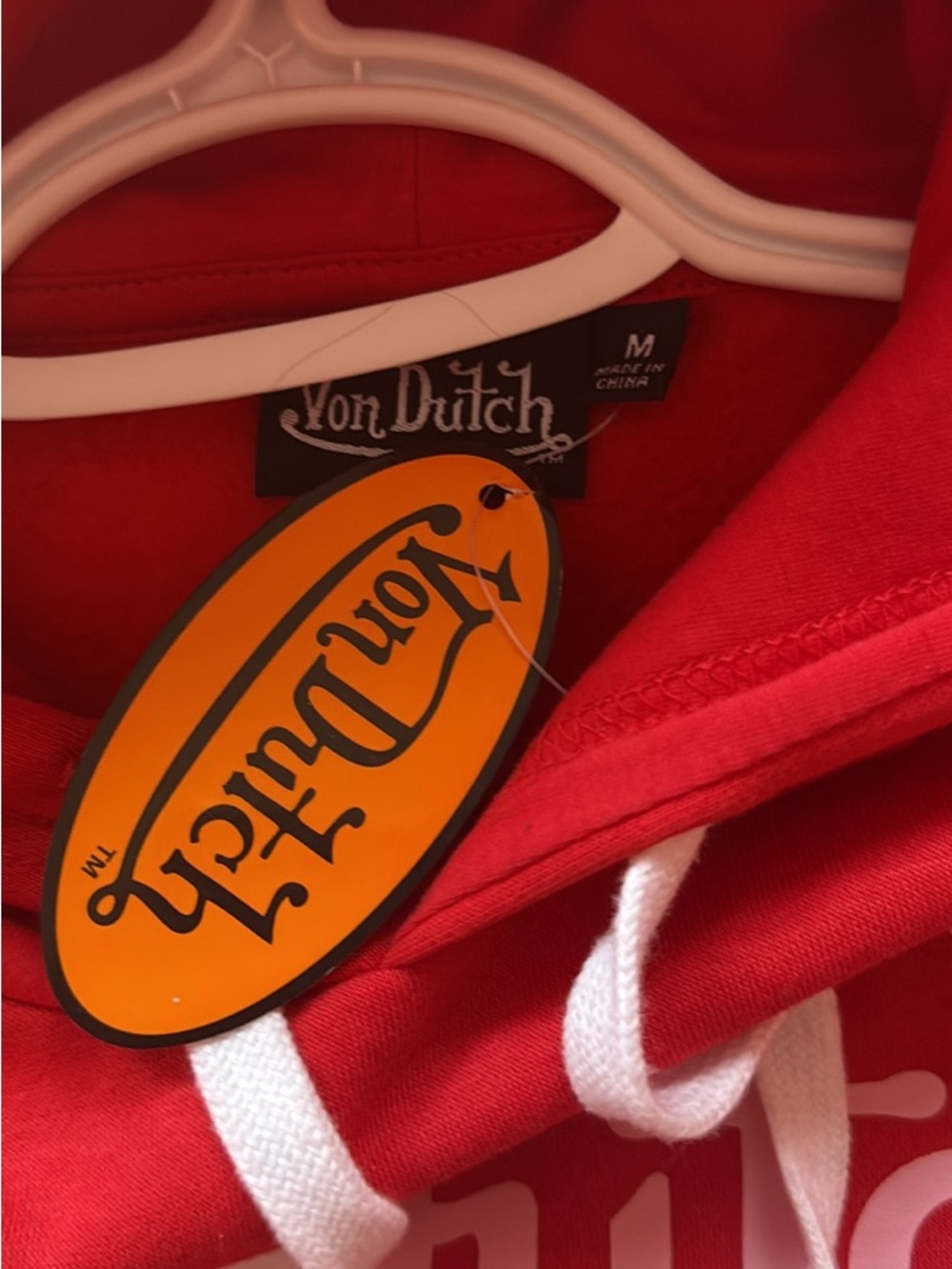 Von Dutch Red Hoodie with White Drawstrings and Logo Tags (small paint on hoodie